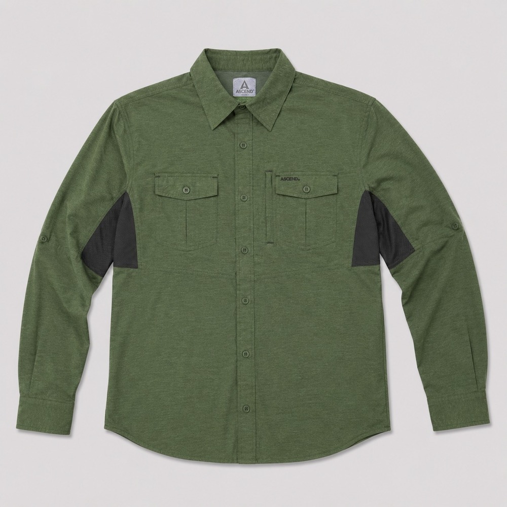 Ascend Mens XL Green Fishing Shirt Long Sleeve Vented Performance Outdoor